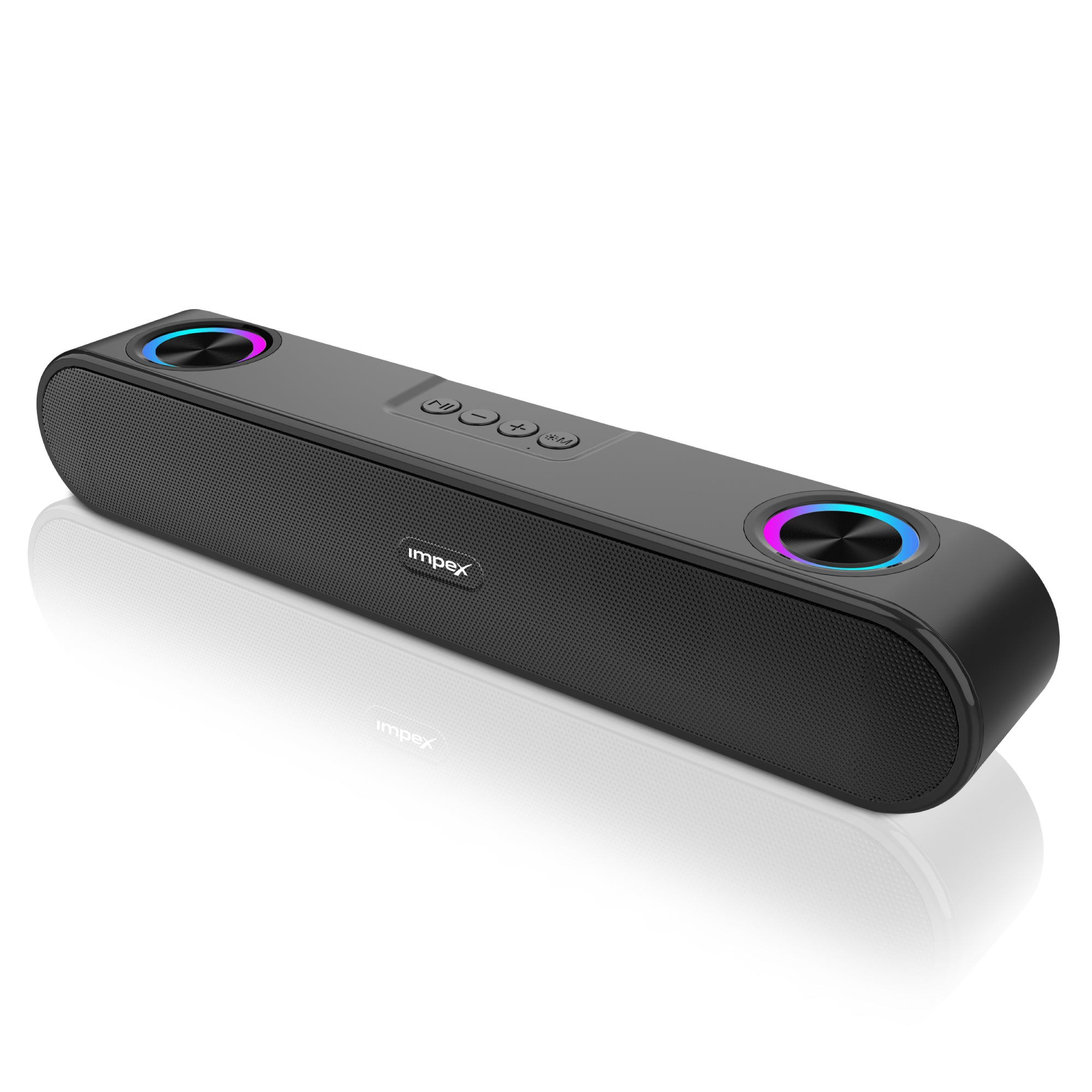Black Bluetooth speaker with colorful lights on a white background