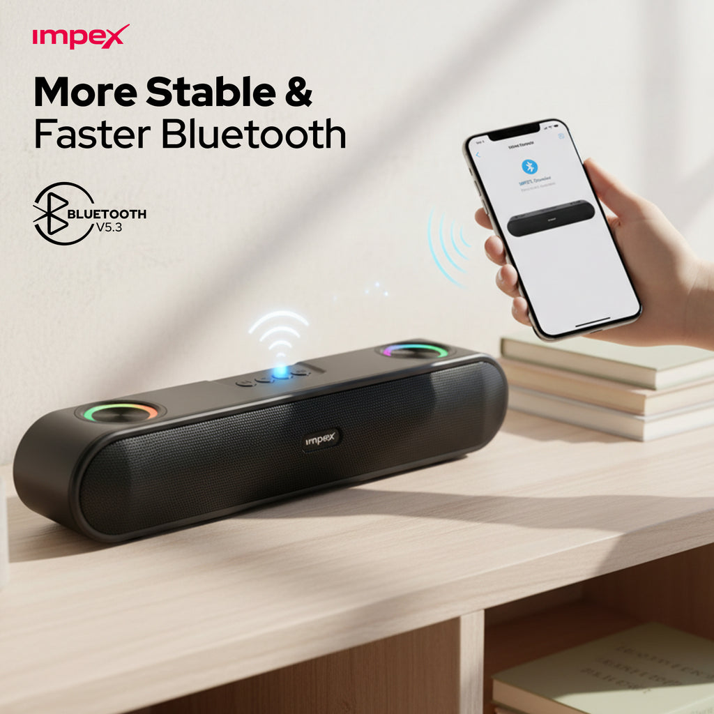 Impex Bluetooth speaker on a desk with a smartphone showing Bluetooth connection.