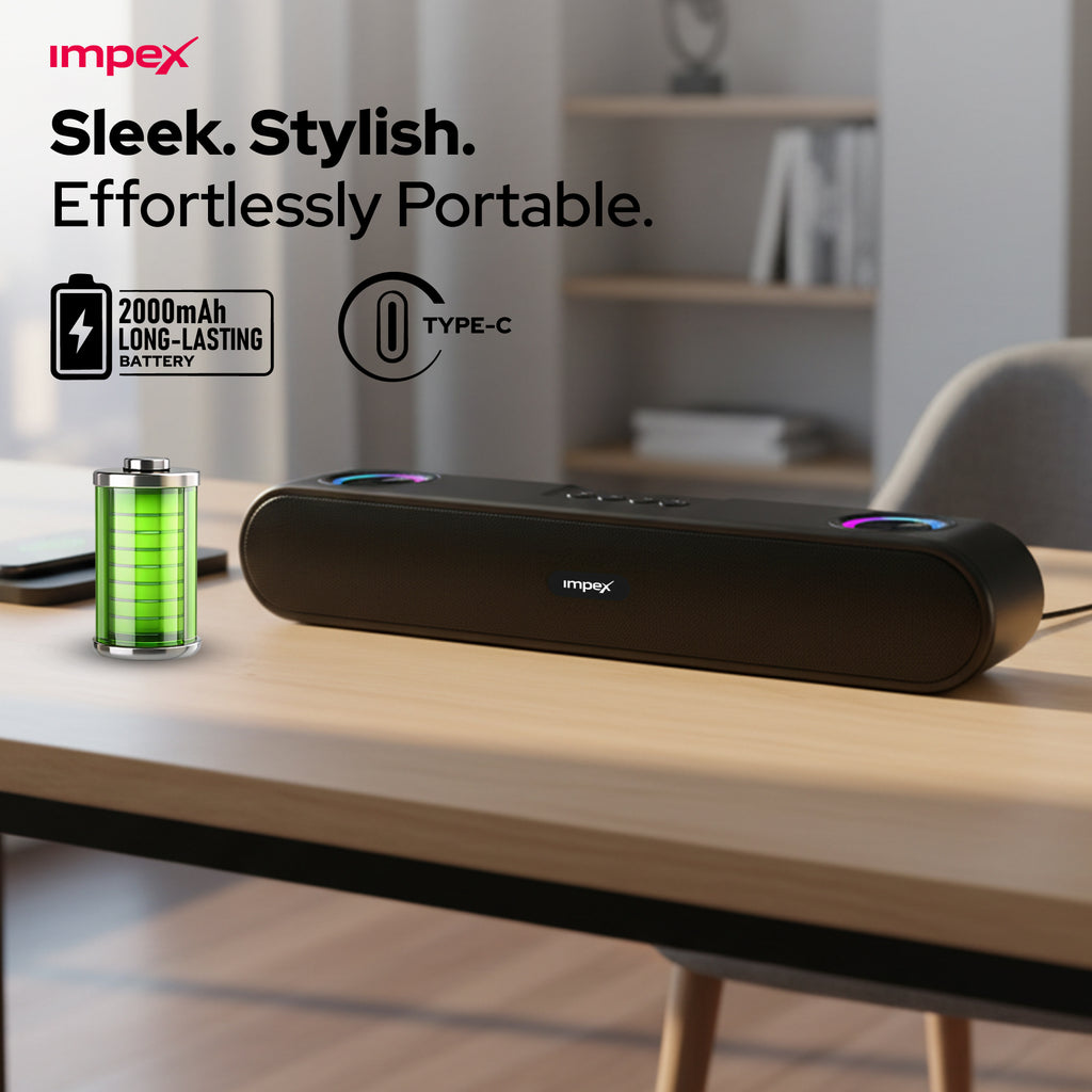 Impex portable device on a desk with battery and charging icons displayed.