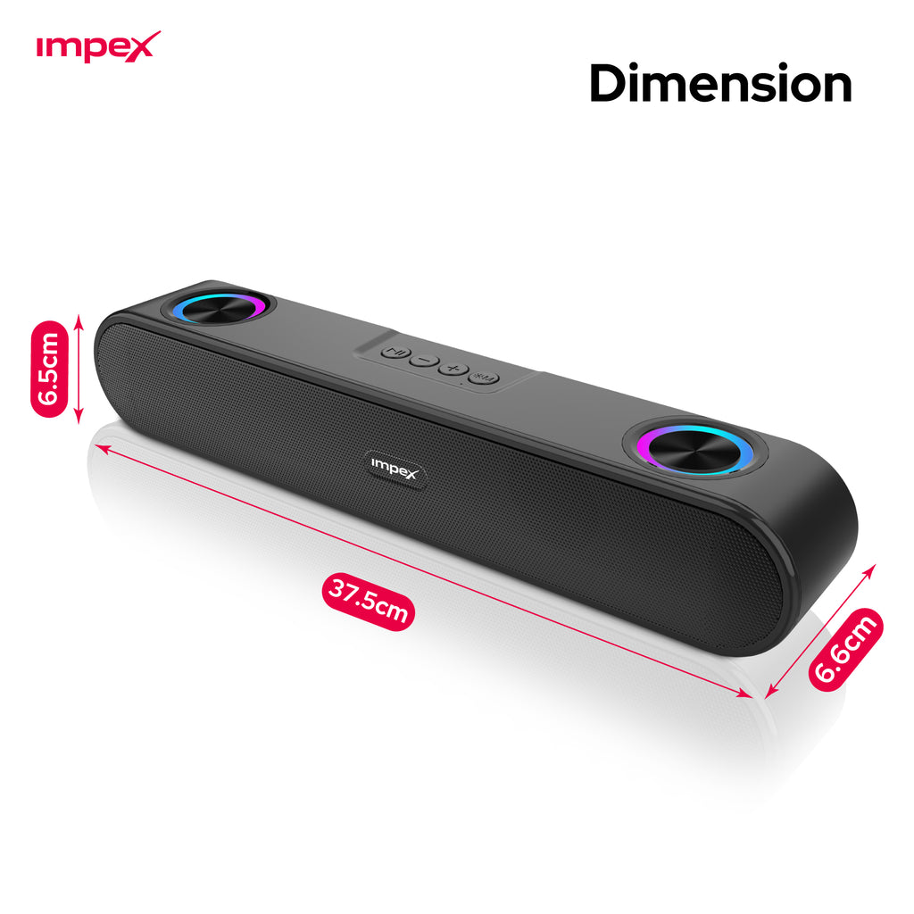 Black Bluetooth speaker with dimensions labeled on a white background, featuring the Impex brand.