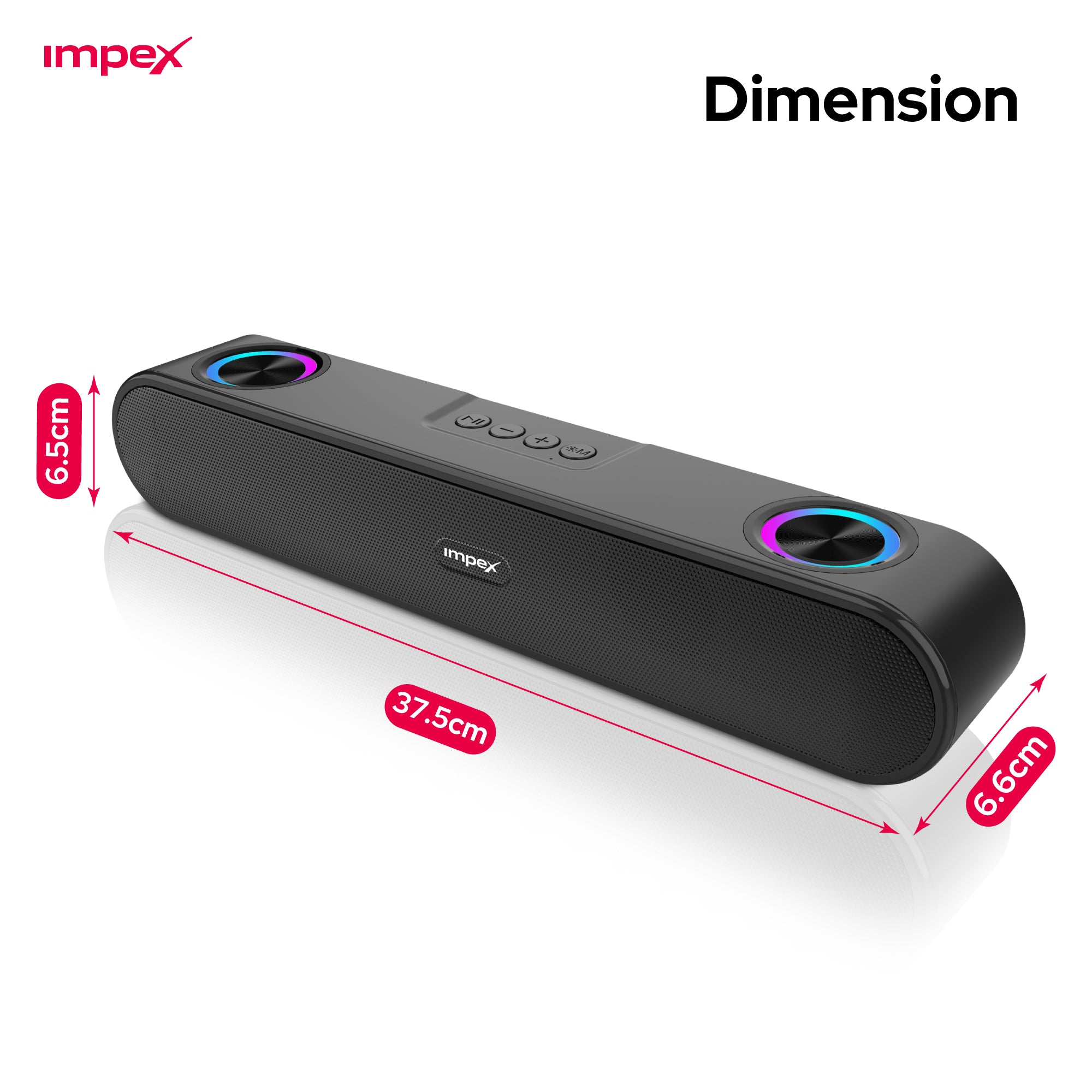 Black Bluetooth speaker with dimensions labeled on a white background, featuring the Impex brand.