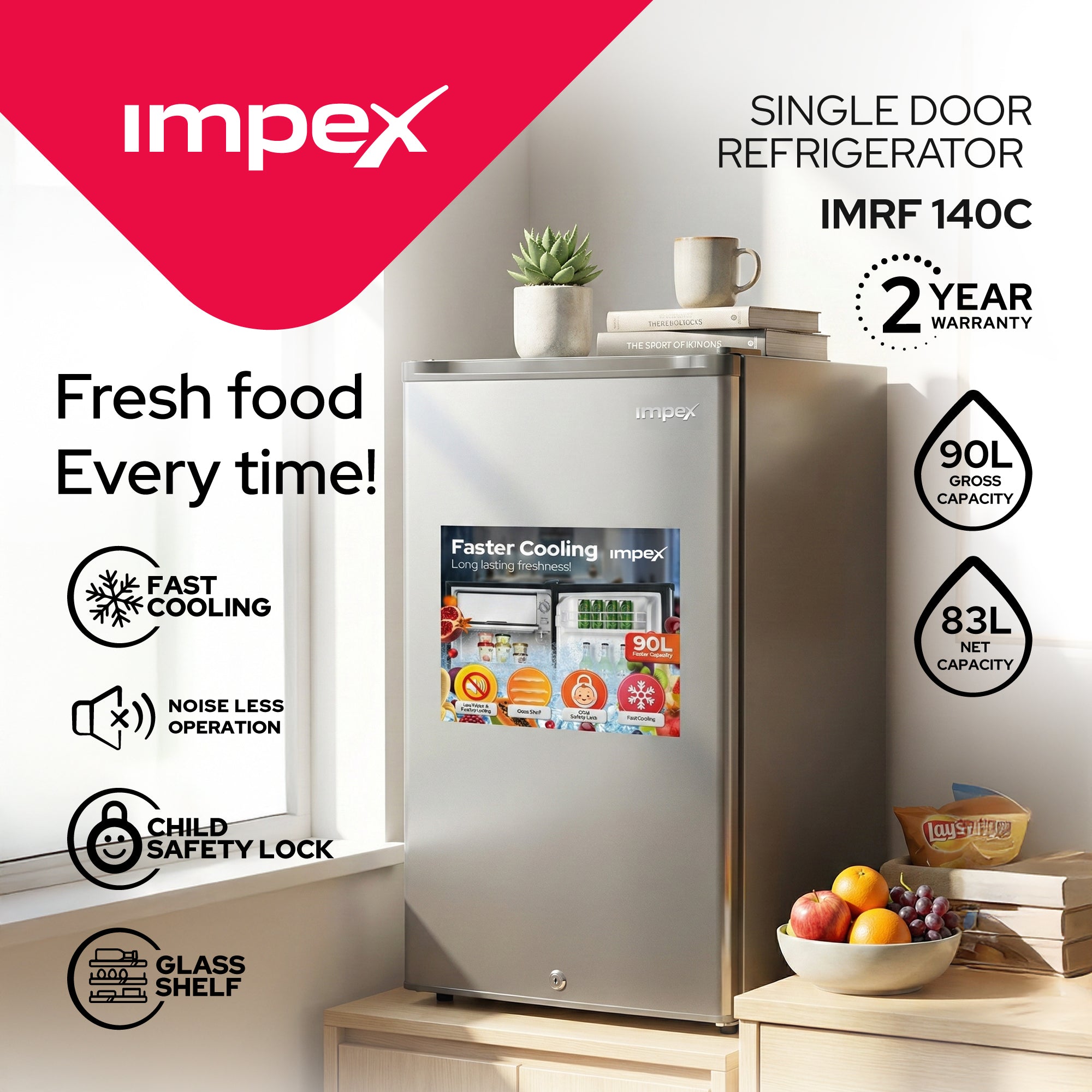 Impex 90L Single Door Refrigerator IMRF140C