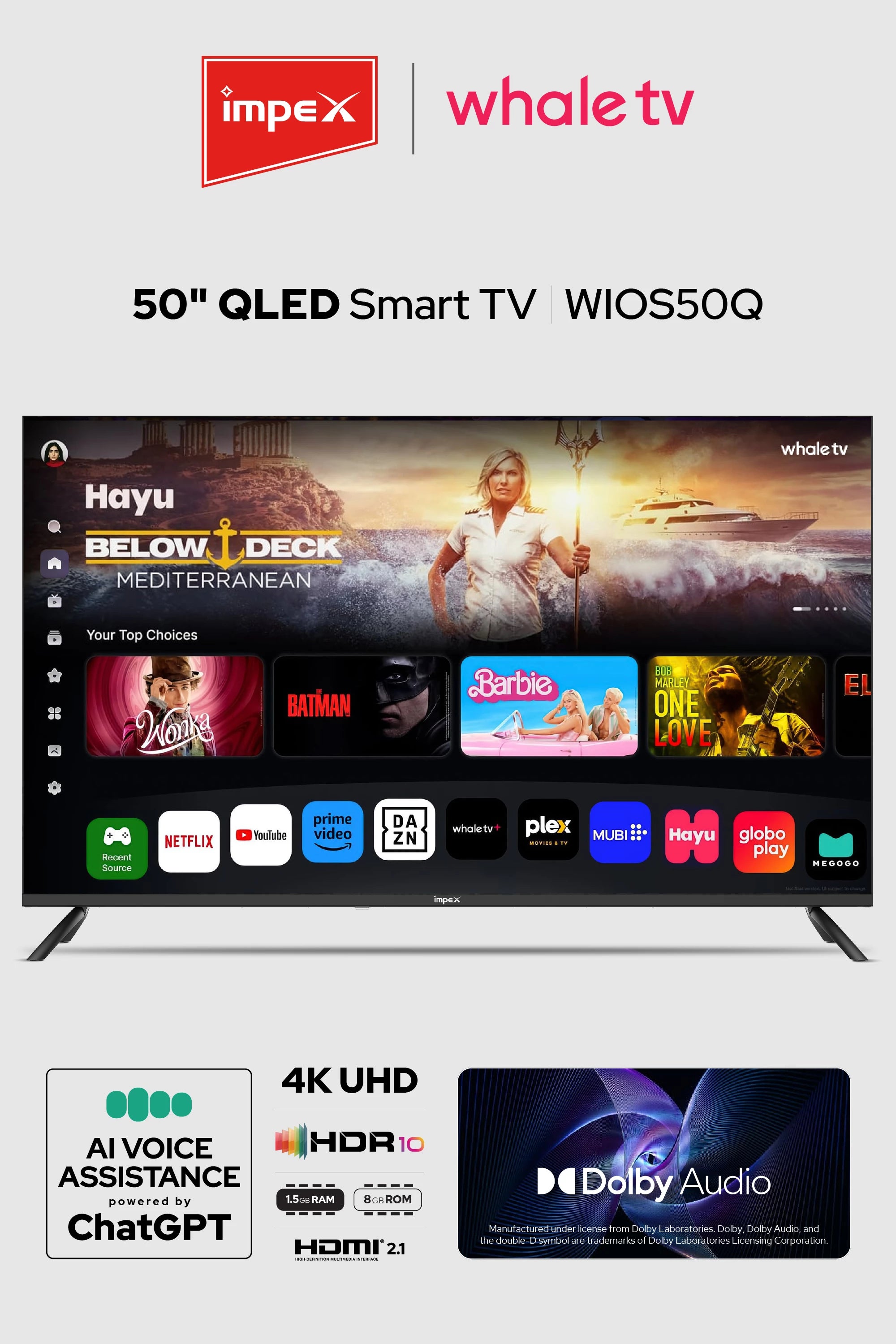 50" QLED Smart TV with Impex and Whale TV branding on a white background.
