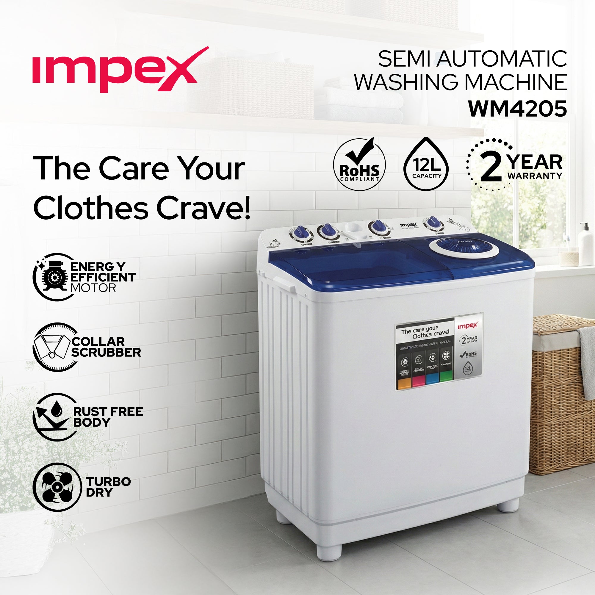 IMPEX 12 KG SEMI-AUTOMATIC WASHING MACHINE (WM 4205)