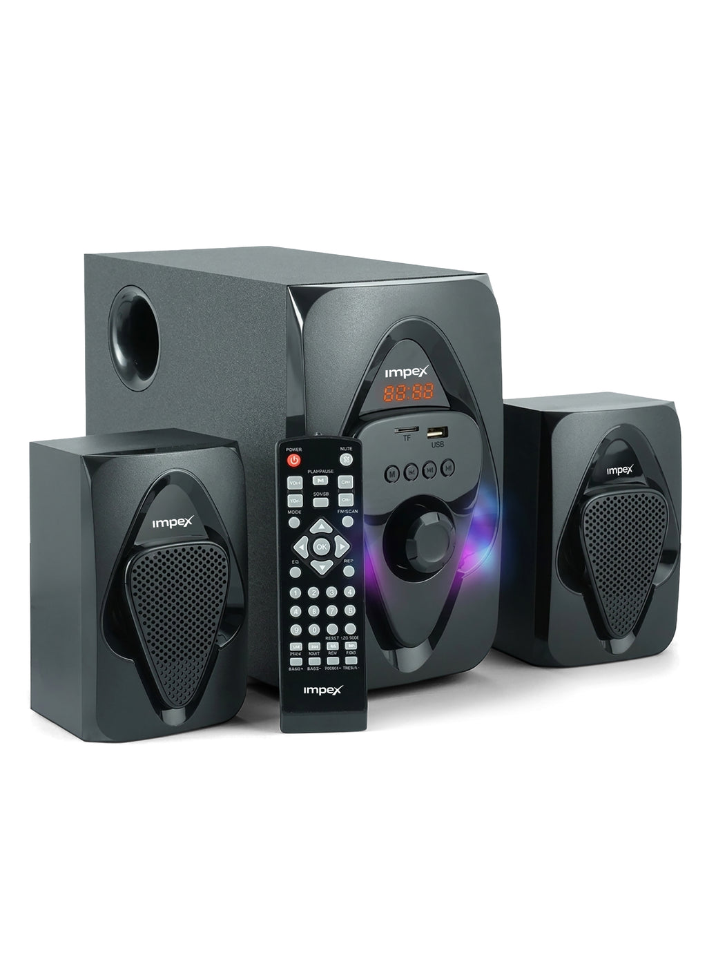 Home theater speaker system with remote control on a white background