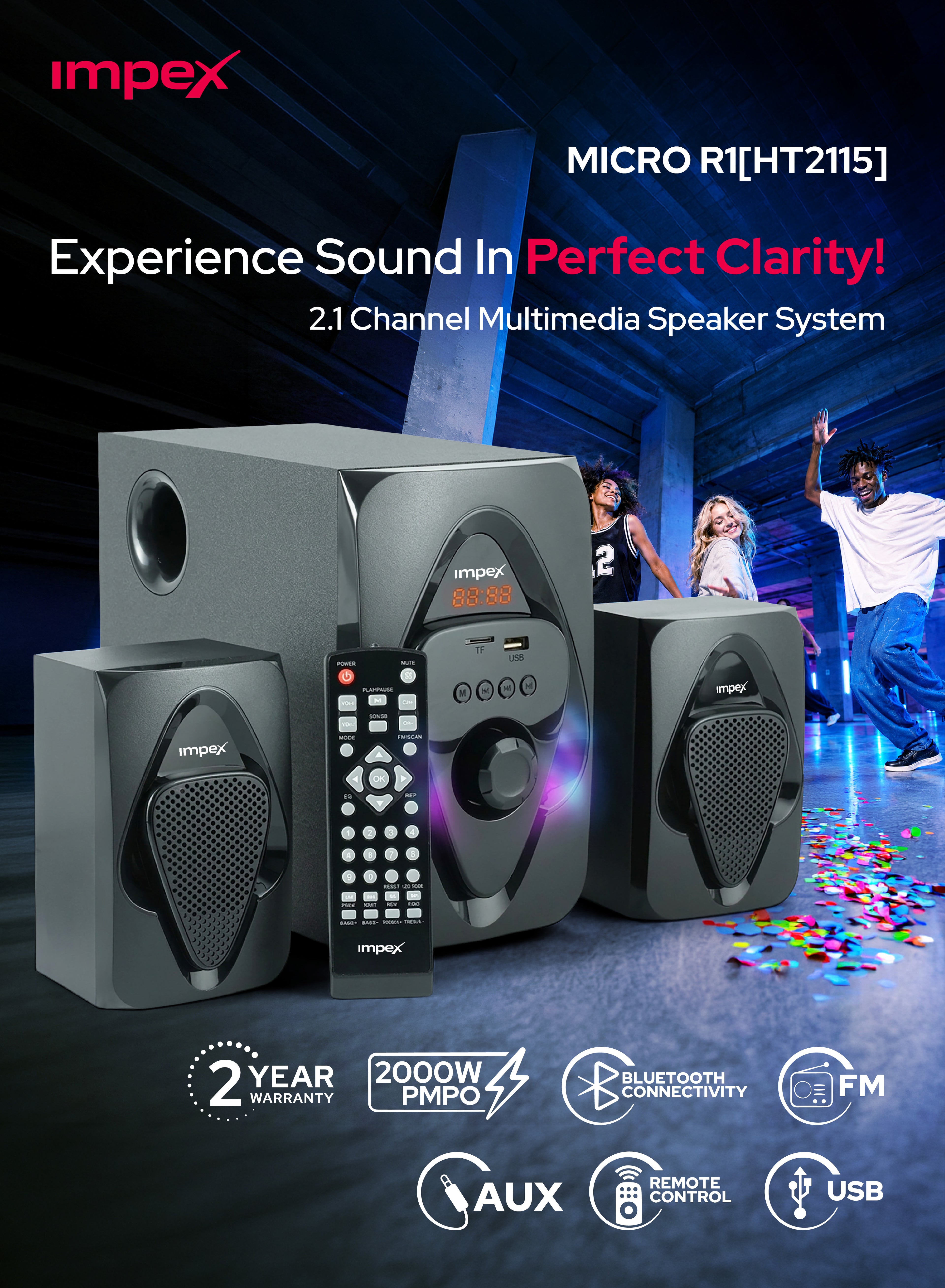 Impex multimedia speaker system with remote control on a dark background, featuring people dancing.