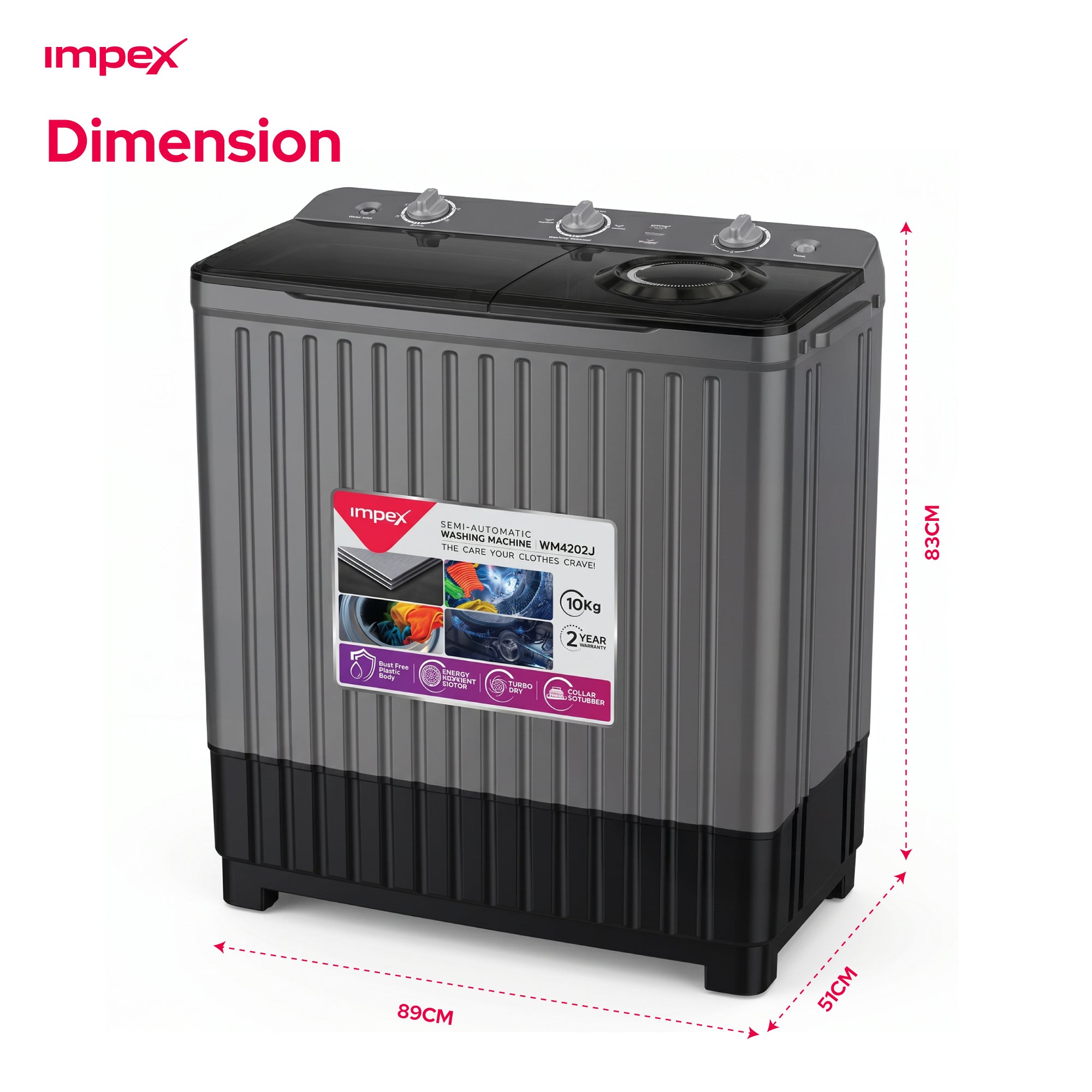 IMPEX 10 KG  SEMI-AUTOMATIC WASHING MACHINE (WM 4202)